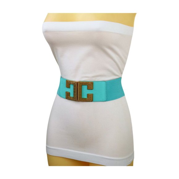 NEW Women Mint Green Shade Elastic Wide Belt Metal C Buckle Adjustable Size S M - Picture 11 of 17